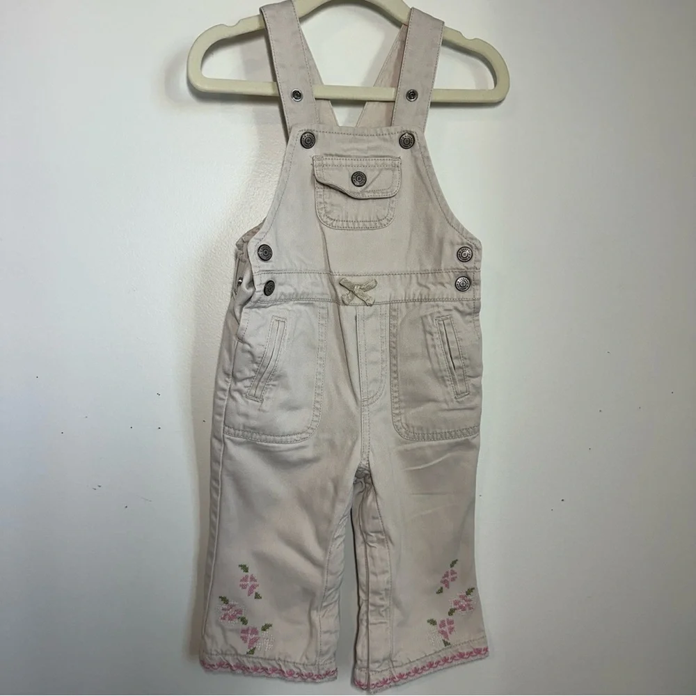 Gap Kids Girls Pant Overalls Khaki Beige Embroidered Floral Size 12-18M